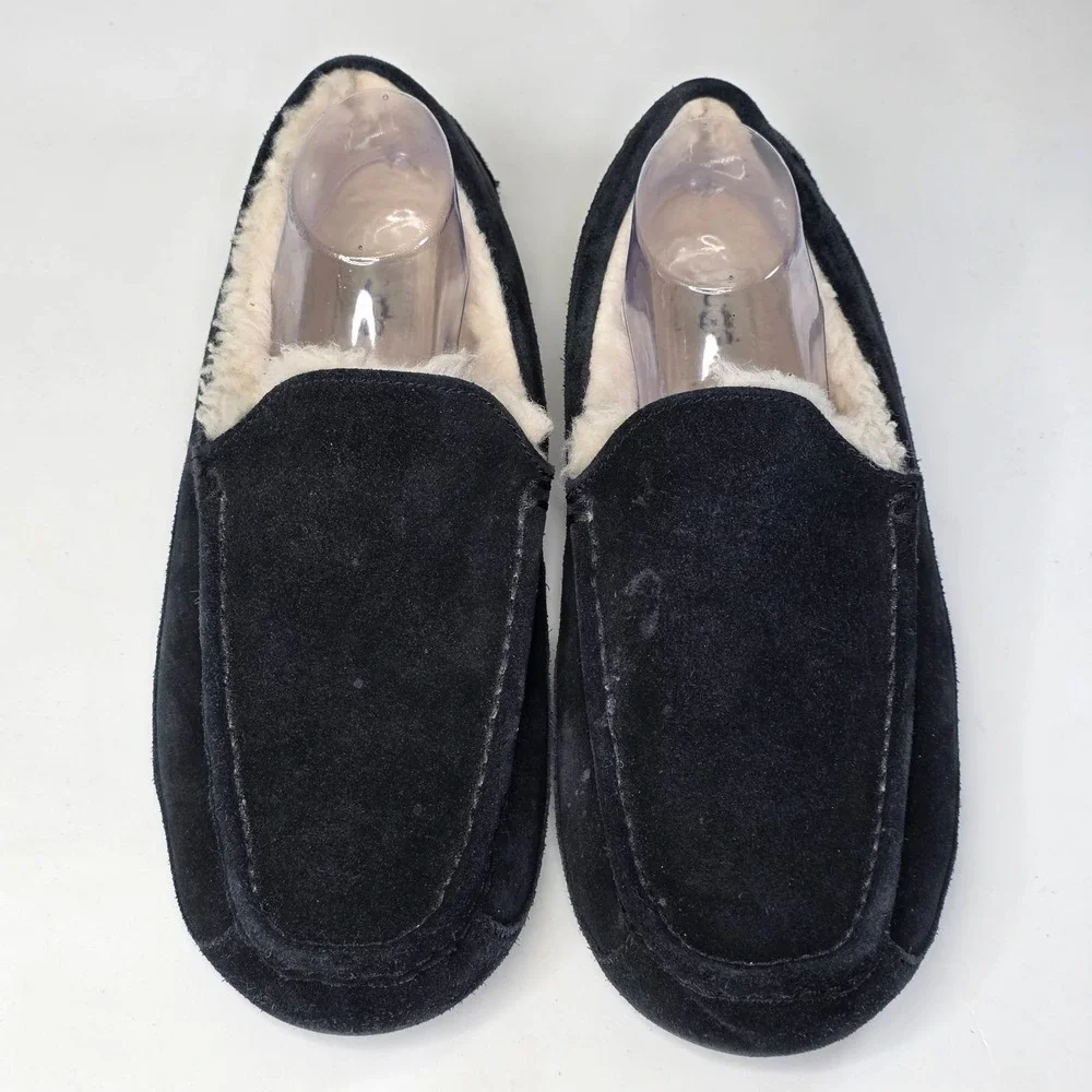 UGG Ascot Men's Slippers Size 12 UK11 Black Suede Shearling Lined Moccasin Shoes
